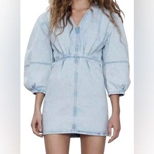Zara Denim Pleated Puff Sleeve Dress (Worn Twice)
